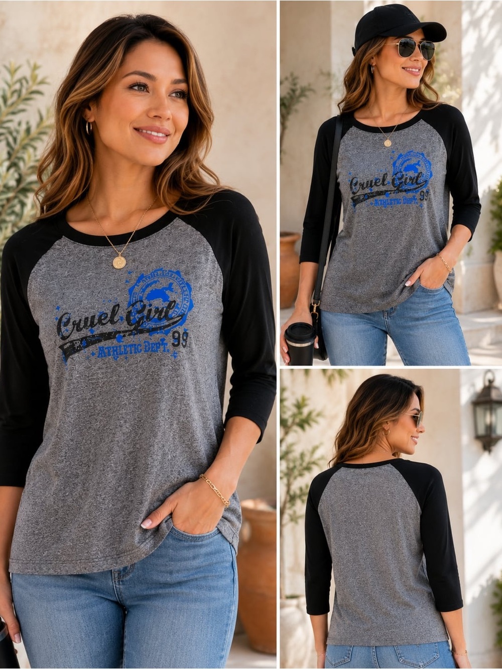 Cruel Girl Grey & Black Raglan Tee with Blue Graphic size M
